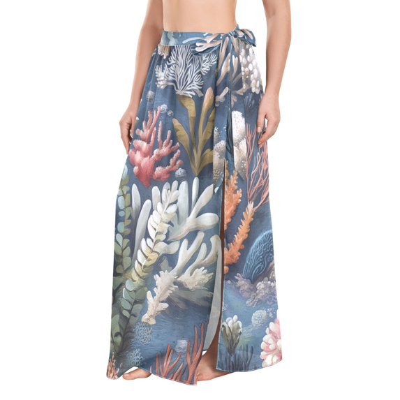 FORMRS Womens Long Sarong Beach Wrap Semi-Sheer Bikini Skirt Bathing Swimsuit Cover Up, Sea Plants Pattern
