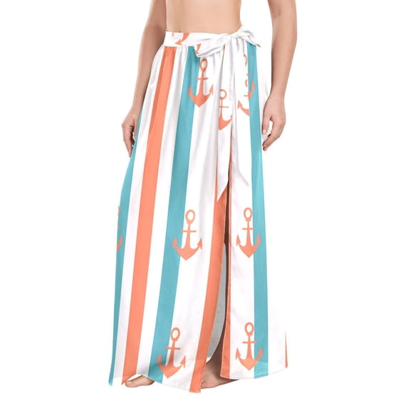FORMRS Womens Long Sarong Beach Wrap Semi-Sheer Bikini Skirt Bathing Swimsuit Cover Up, Simple Nautical Pattern