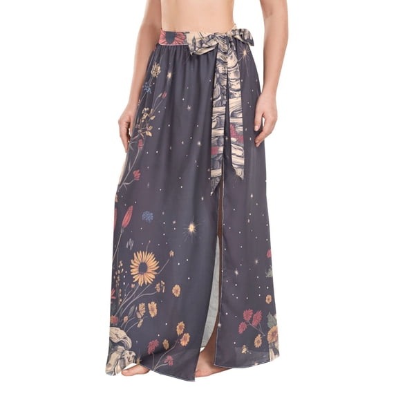 FORMRS Womens Long Sarong Beach Wrap Semi-Sheer Bikini Skirt Bathing Swimsuit Cover Up, Skeleton with Flowers Pattern