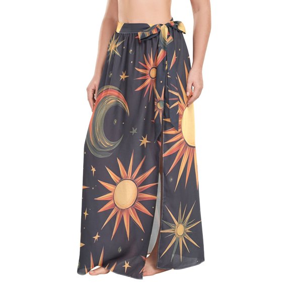 FORMRS Womens Beach Sarong Semi-Sheer Bikini Wrap Skirt Swimsuit Cover-ups, Sun Moon and Stars Pattern