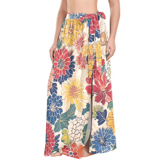 FORMRS Womens Long Sarong Beach Wrap Semi-Sheer Bikini Skirt Bathing Swimsuit Cover Up, Vibrant Flowers Pattern