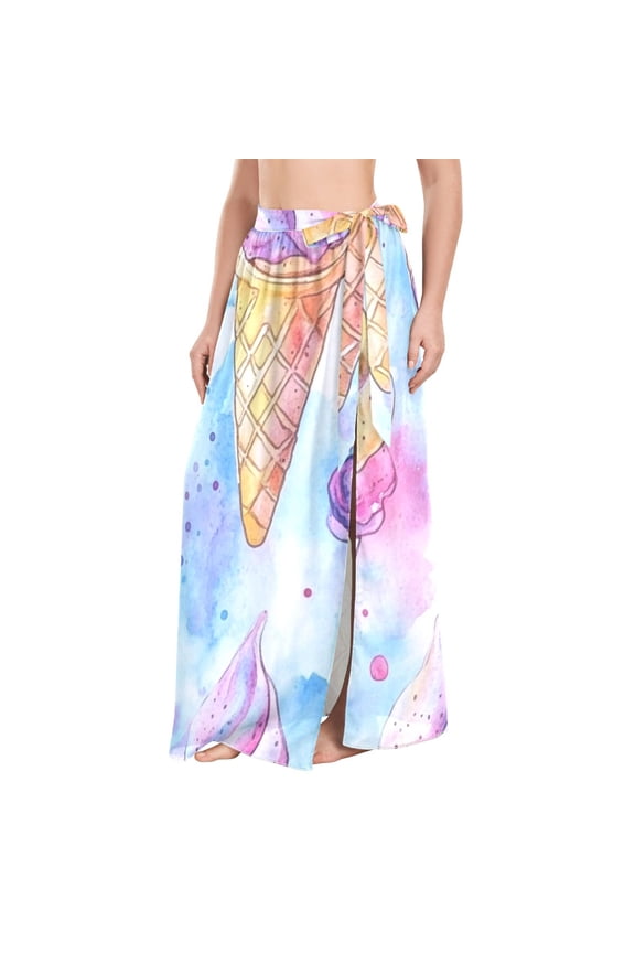 Womens Beach Sarong Semi-Sheer Bikini Wrap Skirt Swimsuit Cover-ups, Watercolor Ice Cream Pattern