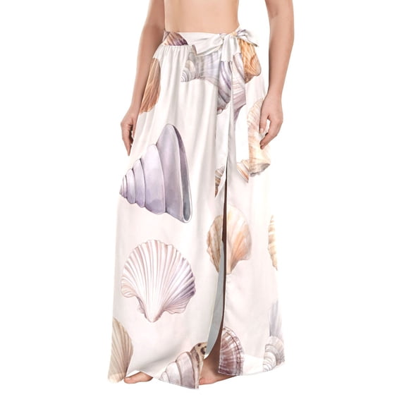 FORMRS Womens Long Sarong Beach Wrap Semi-Sheer Bikini Skirt Bathing Swimsuit Cover Up, Watercolor Seashells