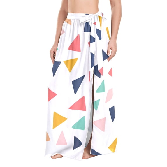 FORMRS Womens Long Sarong Beach Wrap Semi-Sheer Bikini Skirt Bathing Swimsuit Cover Up, White Minimalist Triangles