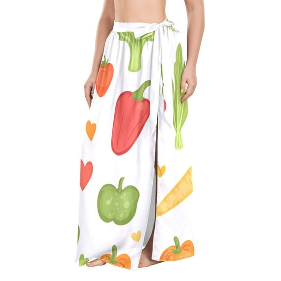 FORMRS Womens Long Sarong Beach Wrap Semi-Sheer Bikini Skirt Bathing Swimsuit Cover Up, White Vegetables Pattern