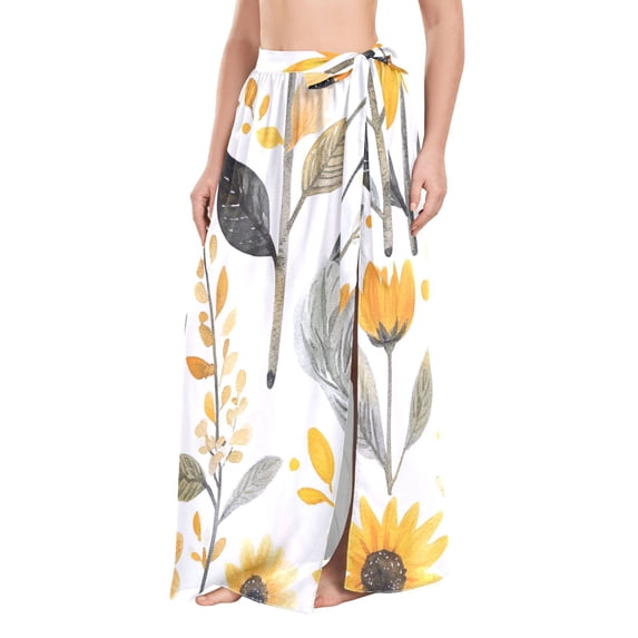 FORMRS Womens Beach Sarong Semi-Sheer Bikini Wrap Skirt Swimsuit Cover-ups, White Watercolor Sunflowers