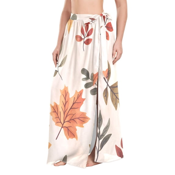 FORMRS Womens Long Sarong Beach Wrap Semi-Sheer Bikini Skirt Bathing Swimsuit Cover Up, Yellow Autumn Leaves