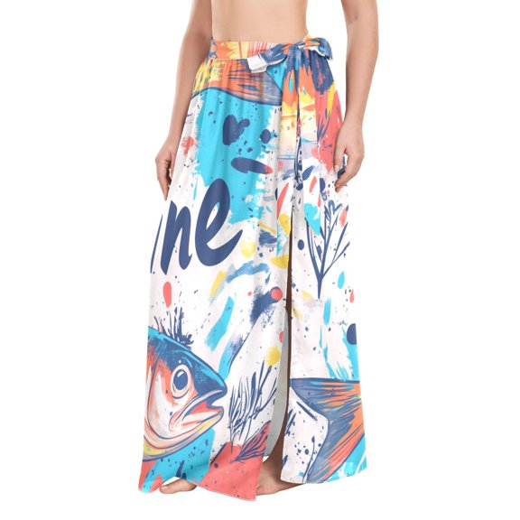 FORMRS Womens Beach Sarong Semi-Sheer Bikini Wrap Skirt Swimsuit Cover-ups, Yellow Sardines Pattern