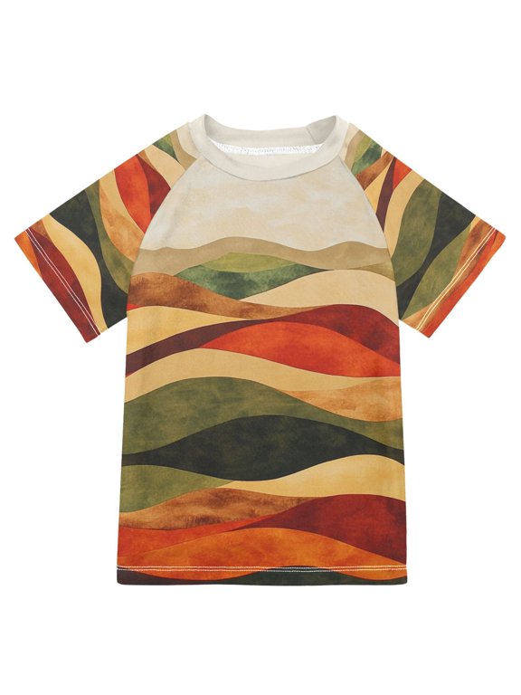 Boys Rash Guard Short Sleeves Swim Shirt Quick Dry UPF 50+ Sun Protection, Sizes 3-12T, Abstract Desert Pattern