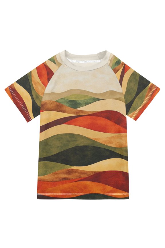 Boys Rash Guard Short Sleeves Swim Shirt Quick Dry UPF 50+ Sun Protection, Sizes 3-12T, Abstract Desert Pattern