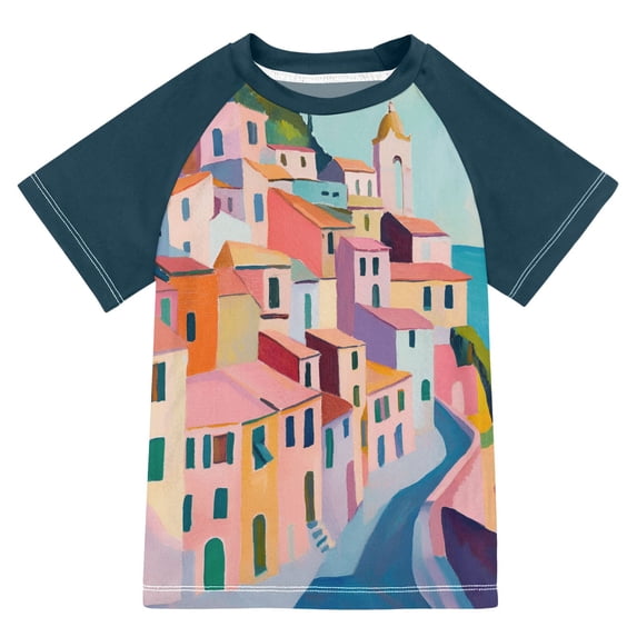 FORMRS Boys Rash Guard Short Sleeves Swim Shirt Quick Dry UPF 50+ Sun Protection, Sizes 3-12T, Abstract Painting