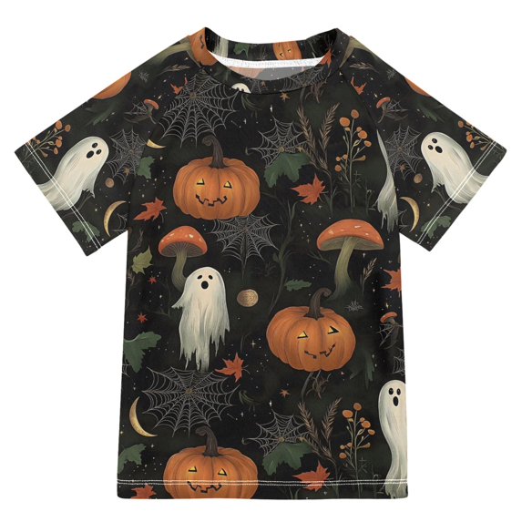 FORMRS Boys Rash Guard Short Sleeves Swim Shirt Quick Dry UPF 50+ Sun Protection, Sizes 3-12T, Autumn Ghost Pattern