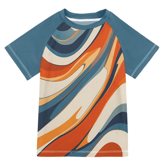 FORMRS Boys Rash Guard Short Sleeves Swim Shirt Quick Dry UPF 50+ Sun Protection, Sizes 3-12T, Beige Abstract Wavy