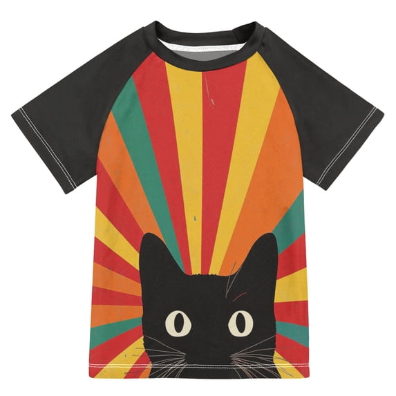 FORMRS Boys Rash Guard Short Sleeves Swim Shirt Quick Dry UPF 50+ Sun Protection, Sizes 3-12T, Black Cat