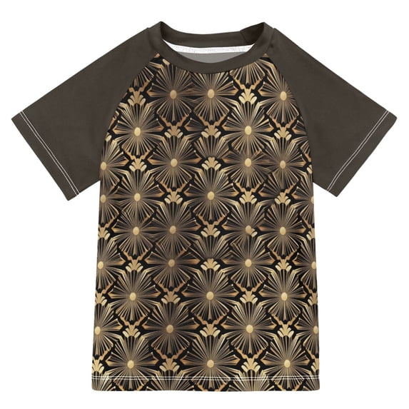 FORMRS Boys Rash Guard Short Sleeves Swim Shirt Quick Dry UPF 50+ Sun Protection, Sizes 3-12T, Black Floral Pattern