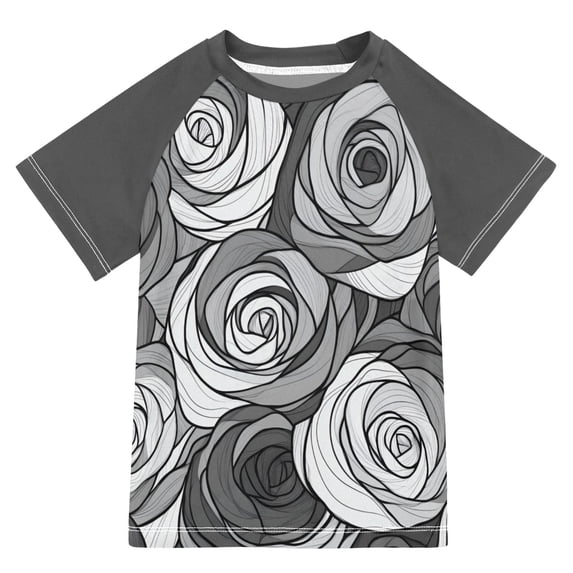 FORMRS Boys Rash Guard Short Sleeves Swim Shirt Quick Dry UPF 50+ Sun Protection, Sizes 3-12T, Black Roses