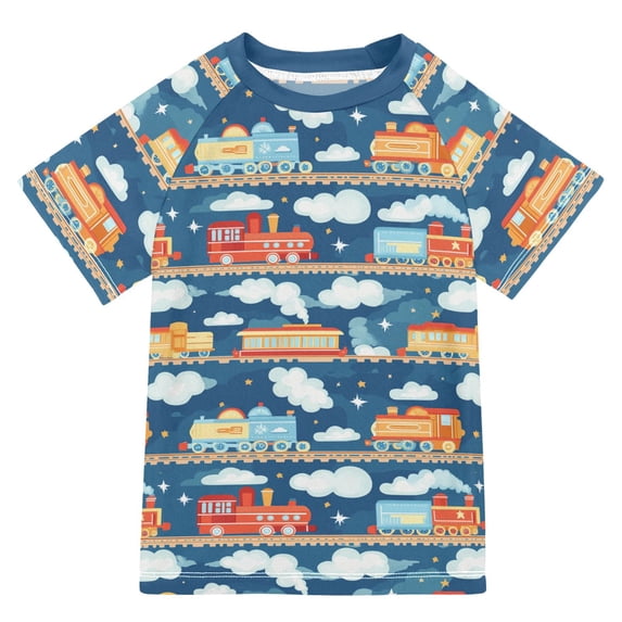 FORMRS Boys Rash Guard Short Sleeves Swim Shirt Quick Dry UPF 50+ Sun Protection, Sizes 3-12T, Blue Cute Train Pattern