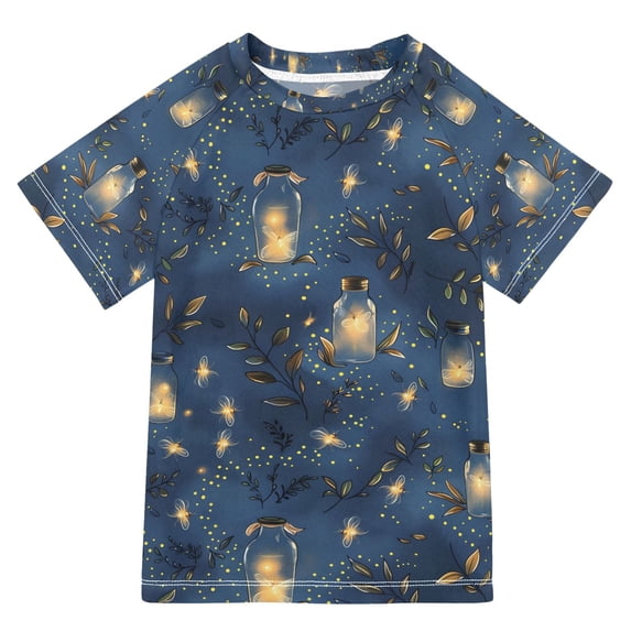 FORMRS Boys Rash Guard Short Sleeves Swim Shirt Quick Dry UPF 50+ Sun Protection, Sizes 3-12T, Blue Firefly Pattern