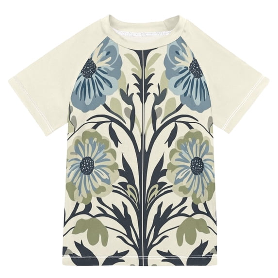 FORMRS Boys Rash Guard Short Sleeves Swim Shirt Quick Dry UPF 50+ Sun Protection, Sizes 3-12T, Blue Floral Pattern