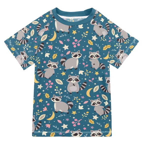 FORMRS Boys Rash Guard Short Sleeves Swim Shirt Quick Dry UPF 50+ Sun Protection, Sizes 3-12T, Blue Raccoon Star Pattern