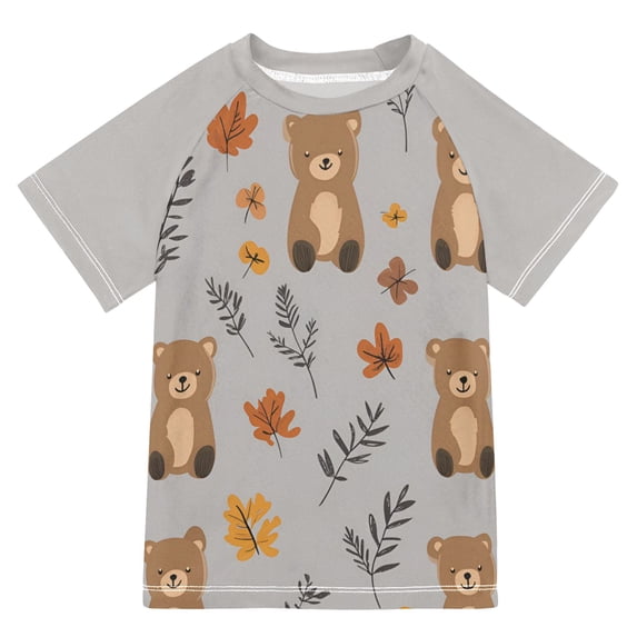 FORMRS Boys Rash Guard Short Sleeves Swim Shirt Quick Dry UPF 50+ Sun Protection, Sizes 3-12T, Brown Cartoon Bears