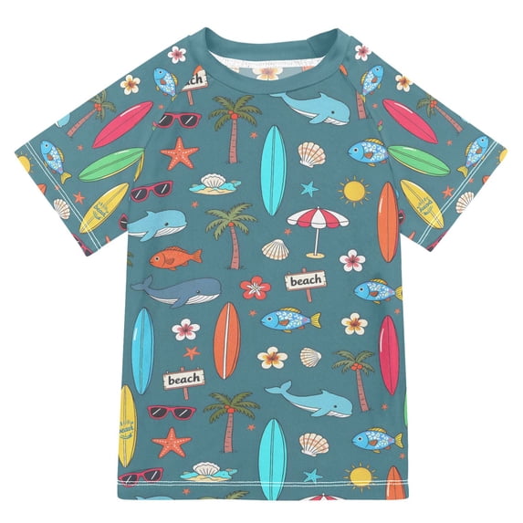 FORMRS Boys Rash Guard Short Sleeves Swim Shirt Quick Dry UPF 50+ Sun Protection, Sizes 3-12T, Cartoon Beach Pattern
