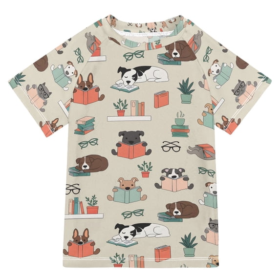 FORMRS Boys Rash Guard Short Sleeves Swim Shirt Quick Dry UPF 50+ Sun Protection, Sizes 3-12T, Cartoon Dog Reading Pattern