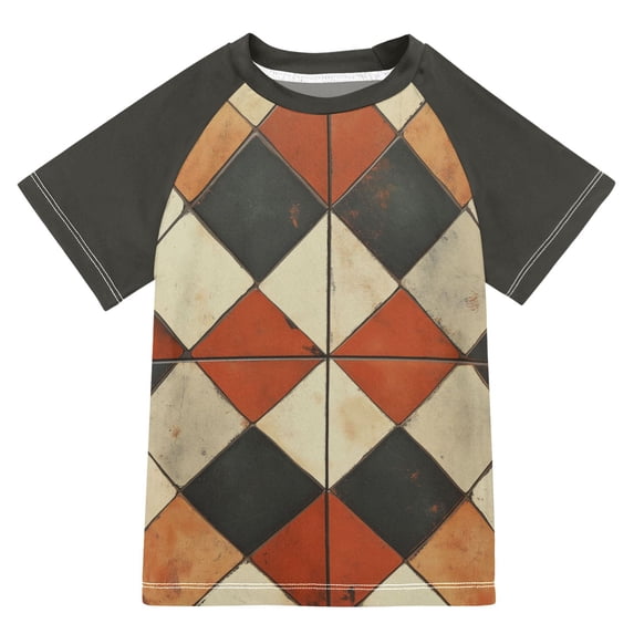 FORMRS Boys Rash Guard Short Sleeves Swim Shirt Quick Dry UPF 50+ Sun Protection, Sizes 3-12T, Checkered Pattern