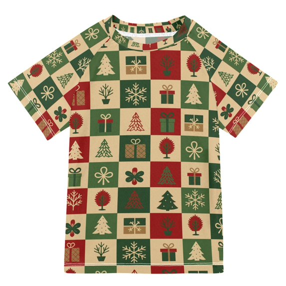 FORMRS Boys Rash Guard Short Sleeves Swim Shirt Quick Dry UPF 50+ Sun Protection, Sizes 3-12T, Christmas Plaid Pattern