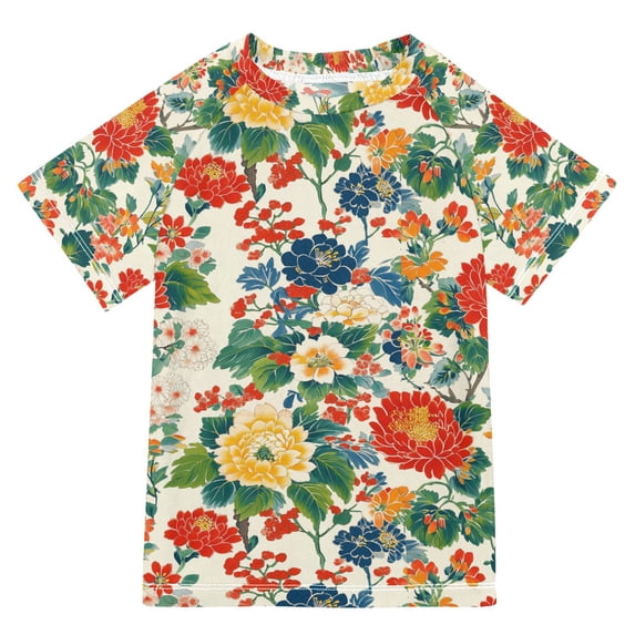 FORMRS Boys Rash Guard Short Sleeves Swim Shirt Quick Dry UPF 50+ Sun Protection, Sizes 3-12T, Colorful Flowers Pattern