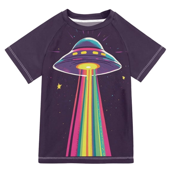 FORMRS Boys Rash Guard Short Sleeves Swim Shirt Quick Dry UPF 50+ Sun Protection, Sizes 3-12T, Colorful UFO