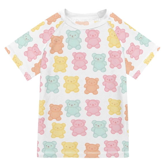 FORMRS Boys Rash Guard Short Sleeves Swim Shirt Quick Dry UPF 50+ Sun Protection, Sizes 3-12T, Cute Gummy Bears Pattern