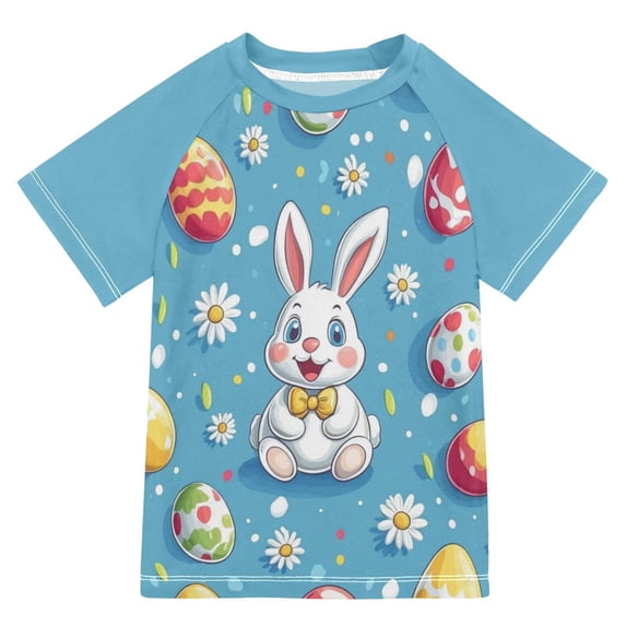 FORMRS Boys Rash Guard Short Sleeves Swim Shirt Quick Dry UPF 50+ Sun Protection, Sizes 3-12T, Easter Bunny Pattern