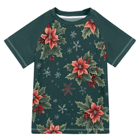 FORMRS Boys Rash Guard Short Sleeves Swim Shirt Quick Dry UPF 50+ Sun Protection, Sizes 3-12T, Floral Christmas