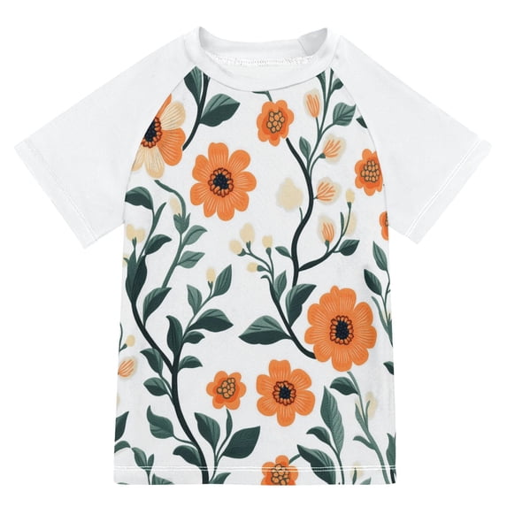 FORMRS Boys Rash Guard Short Sleeves Swim Shirt Quick Dry UPF 50+ Sun Protection, Sizes 3-12T, Flowers Pattern