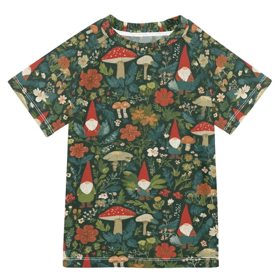 FORMRS Boys Rash Guard Short Sleeves Swim Shirt Quick Dry UPF 50+ Sun Protection, Sizes 3-12T, Forest Mushroom Pattern