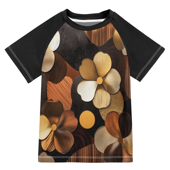 FORMRS Boys Rash Guard Short Sleeves Swim Shirt Quick Dry UPF 50+ Sun Protection, Sizes 3-12T, Gold Flower
