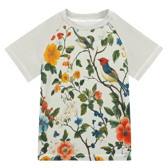 FORMRS Boys Rash Guard Short Sleeves Swim Shirt Quick Dry UPF 50+ Sun Protection, Sizes 3-12T, Green Floral Pattern