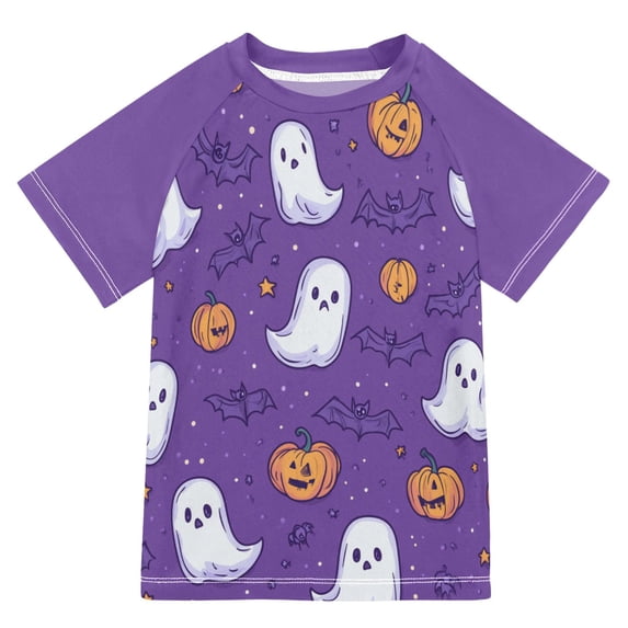 FORMRS Boys Rash Guard Short Sleeves Swim Shirt Quick Dry UPF 50+ Sun Protection, Sizes 3-12T, Halloween Purple Ghosts