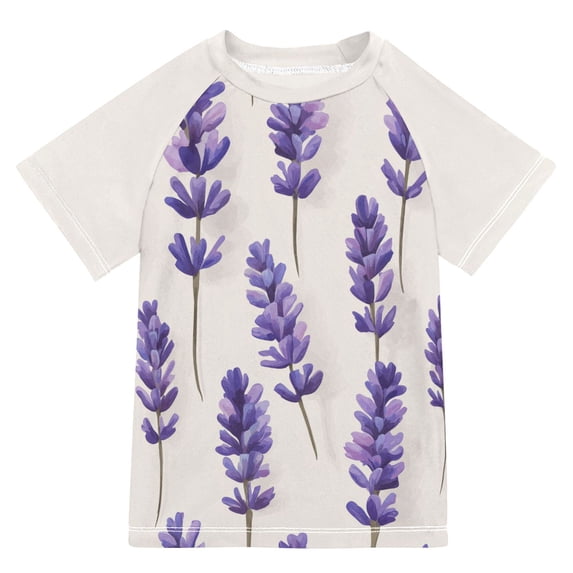 FORMRS Boys Rash Guard Short Sleeves Swim Shirt Quick Dry UPF 50+ Sun Protection, Sizes 3-12T, Lavender Pattern