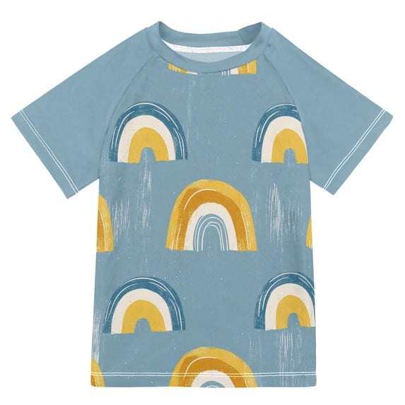 FORMRS Boys Rash Guard Short Sleeves Swim Shirt Quick Dry UPF 50+ Sun Protection, Sizes 3-12T, Light Blue Rainbow