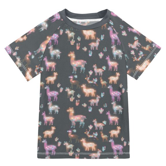 FORMRS Boys Rash Guard Short Sleeves Swim Shirt Quick Dry UPF 50+ Sun Protection, Sizes 3-12T, Neon Llamas Pattern