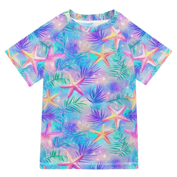 FORMRS Boys Rash Guard Short Sleeves Swim Shirt Quick Dry UPF 50+ Sun Protection, Sizes 3-12T, Neon Starfish Pattern
