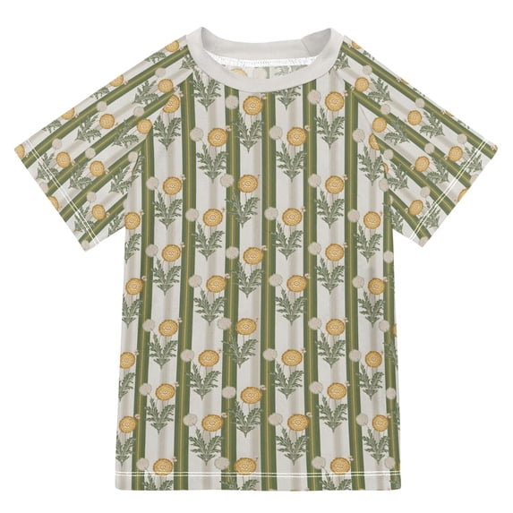 FORMRS Boys Rash Guard Short Sleeves Swim Shirt Quick Dry UPF 50+ Sun Protection, Sizes 3-12T, Olive Green Flowers