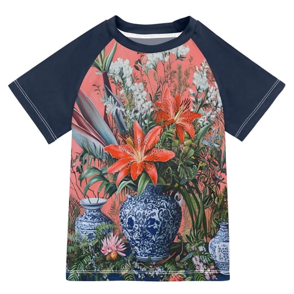 FORMRS Boys Rash Guard Short Sleeves Swim Shirt Quick Dry UPF 50+ Sun Protection, Sizes 3-12T, Orange Vibrant Flowers