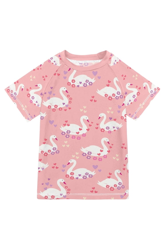 Boys Rash Guard Short Sleeves Swim Shirt Quick Dry UPF 50+ Sun Protection, Sizes 3-12T, Pink Cartoon Swans Pattern