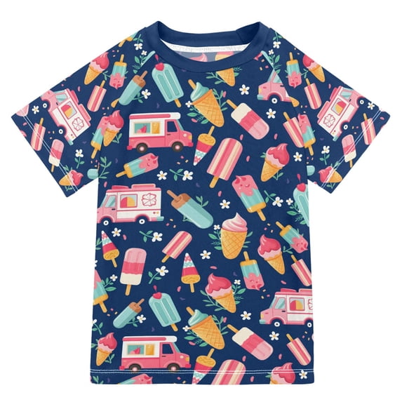 FORMRS Boys Rash Guard Short Sleeves Swim Shirt Quick Dry UPF 50+ Sun Protection, Sizes 3-12T, Pink Cartoon Truck Pattern