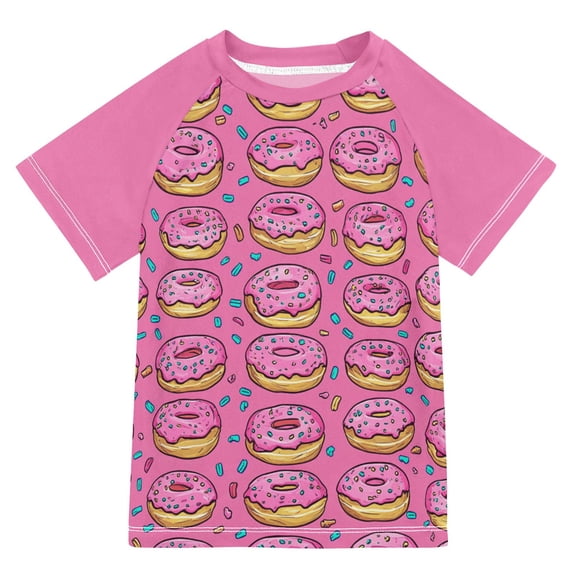 FORMRS Boys Rash Guard Short Sleeves Swim Shirt Quick Dry UPF 50+ Sun Protection, Sizes 3-12T, Pink Doughnuts