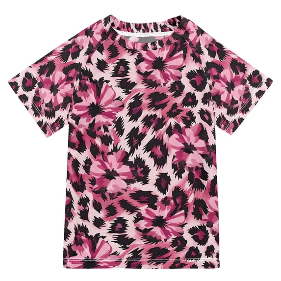FORMRS Boys Rash Guard Short Sleeves Swim Shirt Quick Dry UPF 50+ Sun Protection, Sizes 3-12T, Pink Floral Leopard Pattern