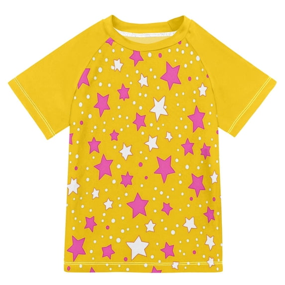 FORMRS Boys Rash Guard Short Sleeves Swim Shirt Quick Dry UPF 50+ Sun Protection, Sizes 3-12T, Pink Stars